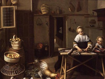 A Woman Preparing Fish in her Kitchen by Reinier or Reynier Coveyn or Covyn